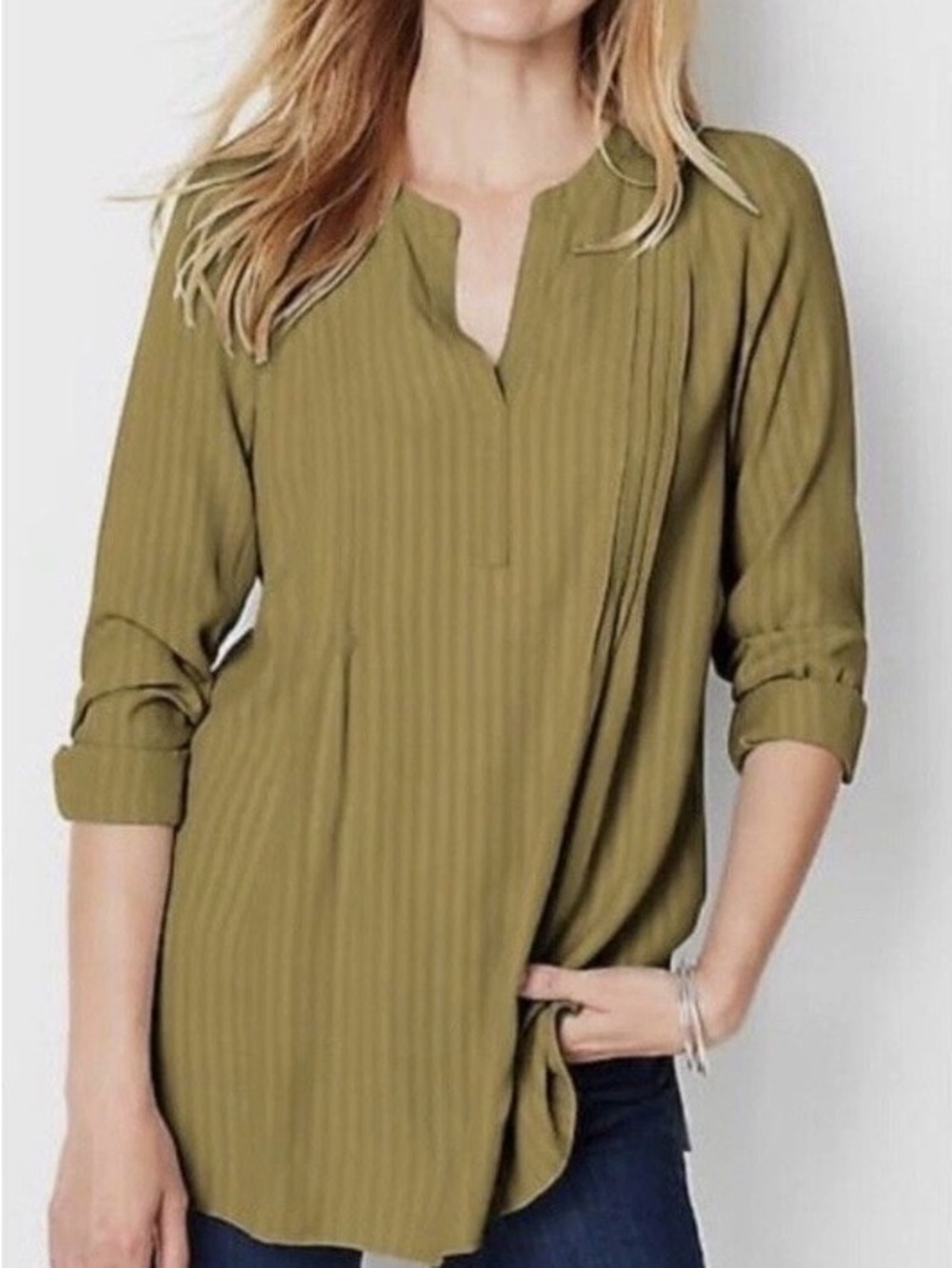 J. Jill Olive Green Split Neck Tunic Blouse Pintuck pleating Large Breathable